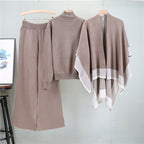 Spring Autumn Elegant Knitted Women Sweater Shawl Wide Leg Pants Three Piece Sets