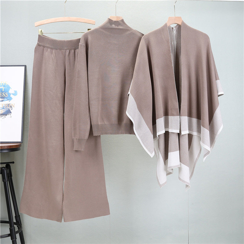 Spring Autumn Elegant Knitted Women Sweater Shawl Wide Leg Pants Three Piece Sets