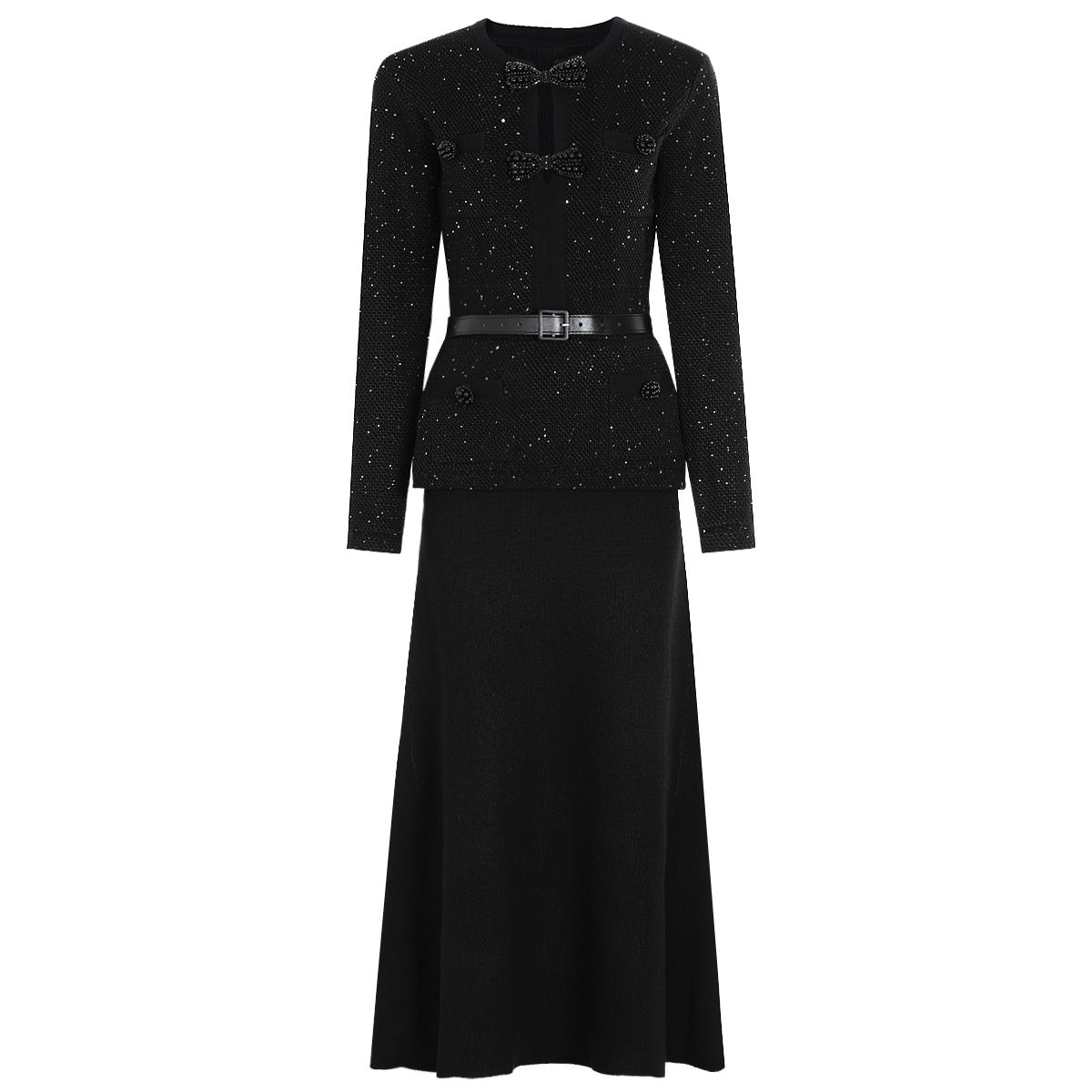 Beaded Belted Long-Sleeve Bodycon Midi Dress