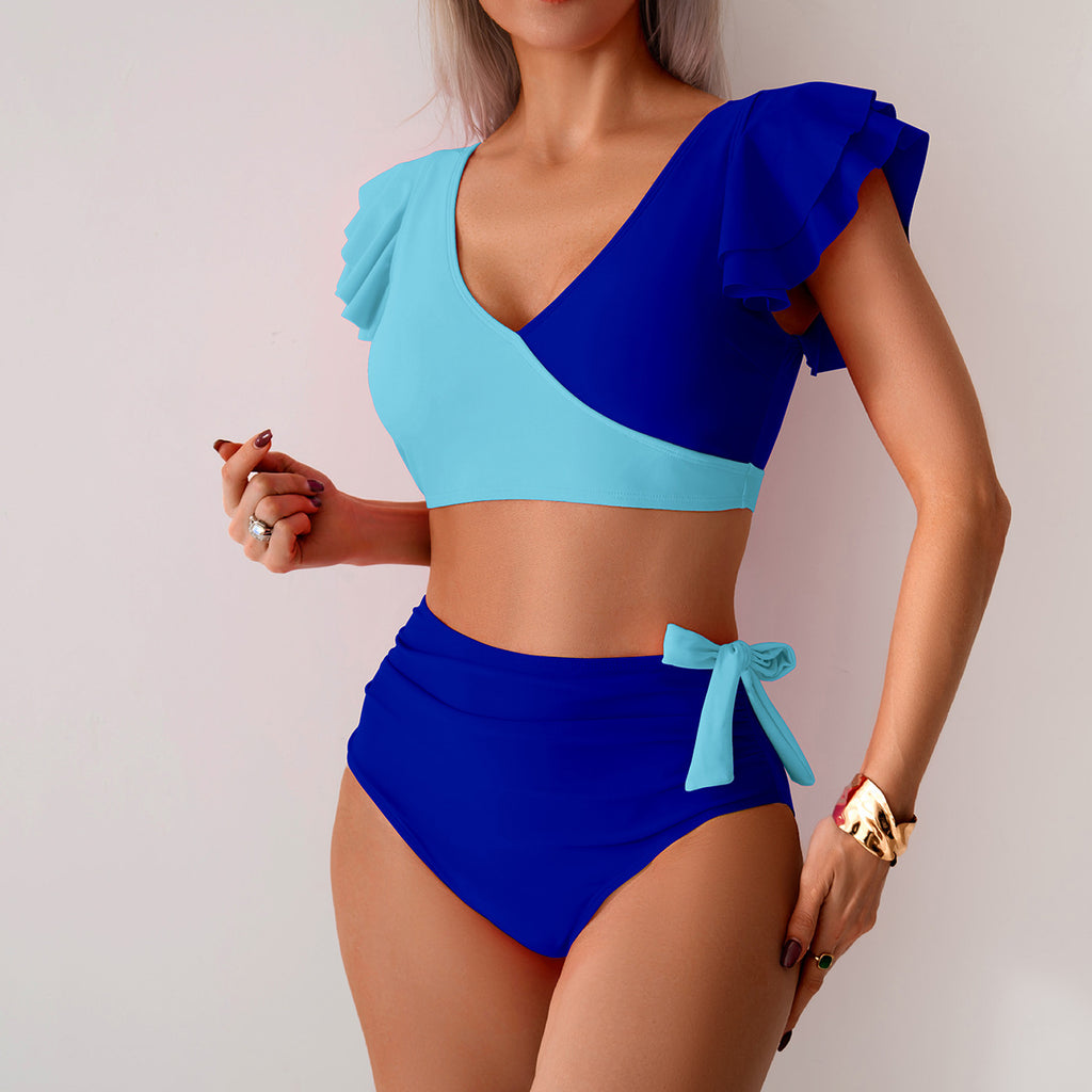 Light blue and dark blue ruffled V-neck bikini one-piece swimsuit with side ties