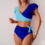 Light blue and dark blue ruffled V-neck bikini one-piece swimsuit with side ties