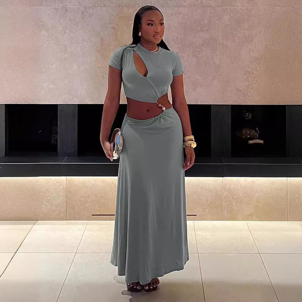 Women's Beaded Cropped Short-Sleeve Two-Piece Skirt Set