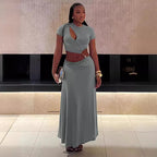 Women's Beaded Cropped Short-Sleeve Two-Piece Skirt Set
