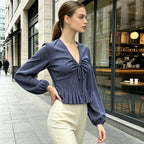 Autumn Wear French Minority Striped Shirt Women V neck Pleated Bow Puff Sleeve Date Elegant Top