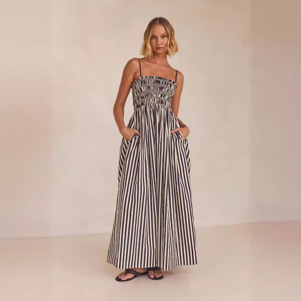 Women's Striped Printed Pocket Sling Dress