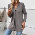 Autumn Casual Top Mid Length V neck Solid Color Long Sleeve T shirt for Women