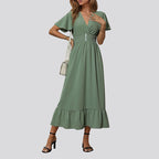 Green V-Neck Smocked Dress