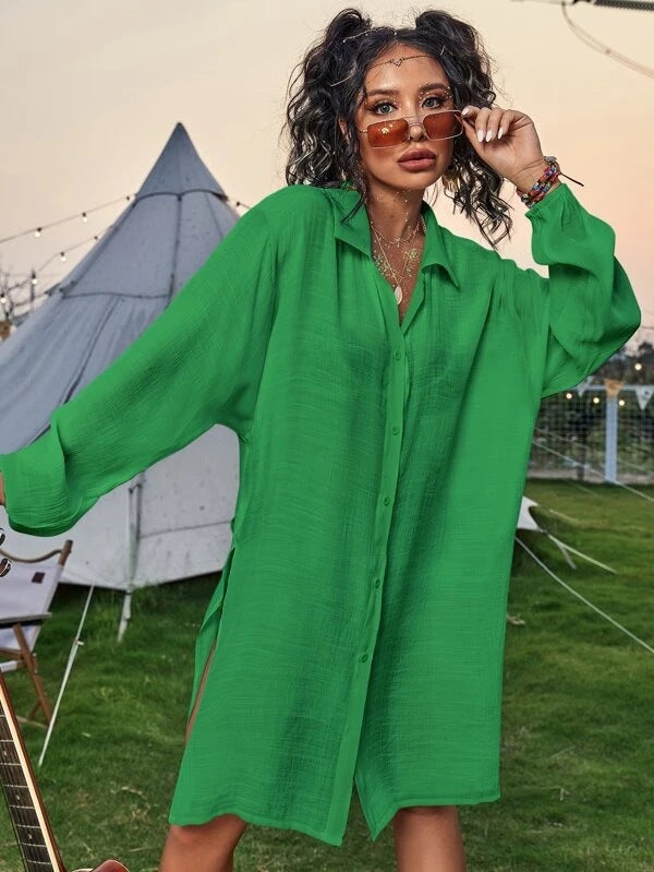 Cotton long one-piece swimwear, green button-front tunic dress with long sleeves