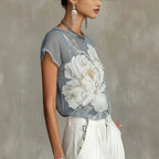 Summer Print Short Sleeve T shirt Women White Peony Thin