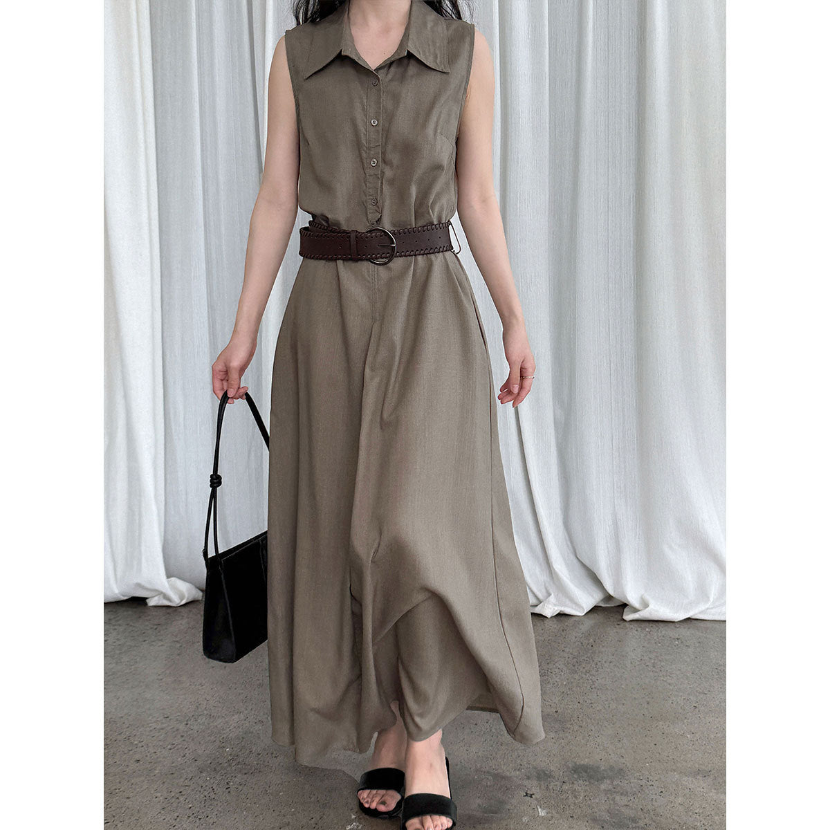 Women's Cotton Linen Shirt With Belt Summer Cinched Dress