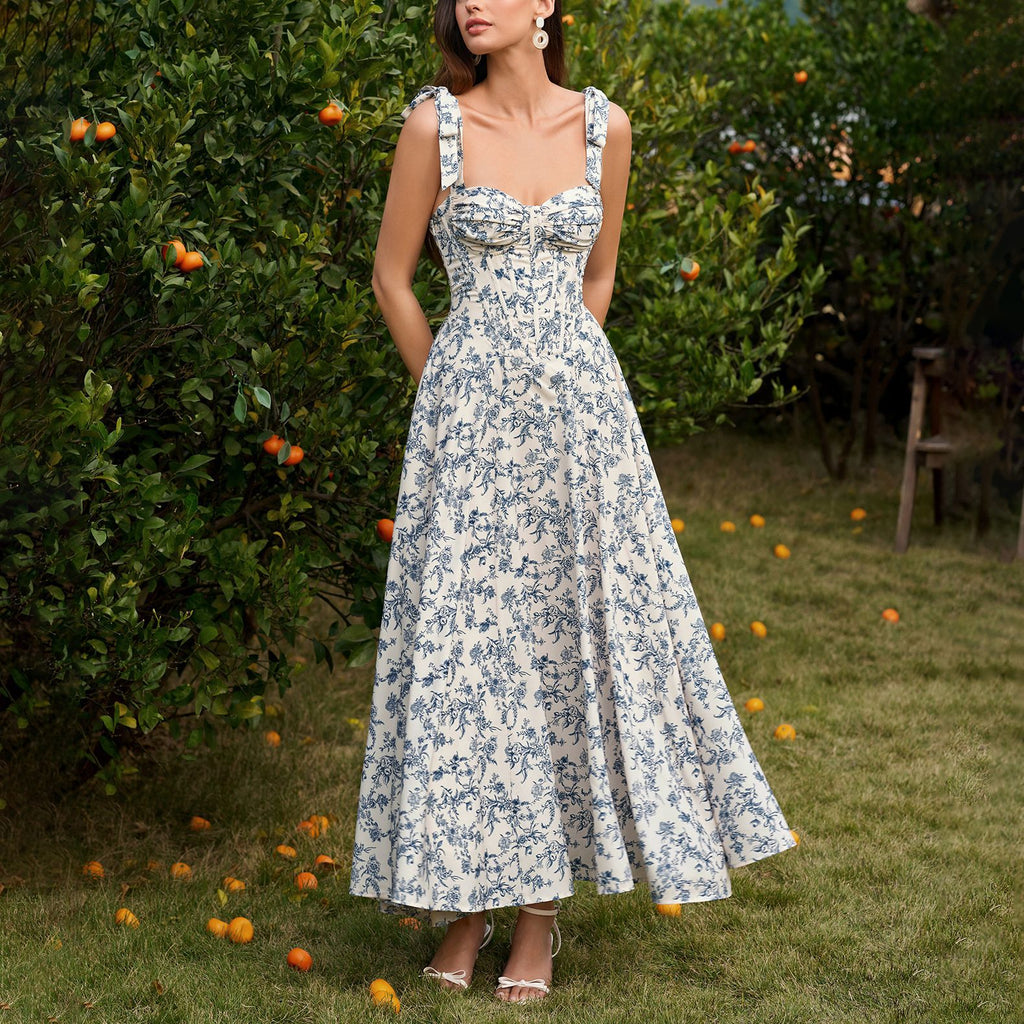 Women's Printed Sweetheart Lace-Up Boned Maxi Dress