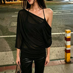Women Clothing Summer Solid Color Oblique Shoulder Loose Blouse Camisole Two Piece Set