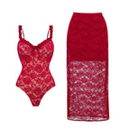 Red lace one-piece swimsuit with long lace skirt, matching floral lace overlay