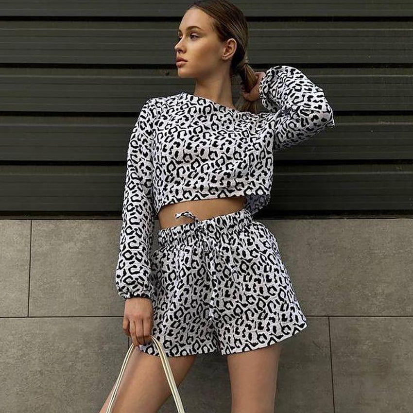 Summer Thin Long Sleeves Shorts Leopard Print Two Piece Set Can Be Worn outside Cotton Linen Home Wear Women