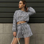 Summer Thin Long Sleeves Shorts Leopard Print Two Piece Set Can Be Worn outside Cotton Linen Home Wear Women