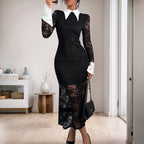 Women's Collared Lace Color-Block Maxi Dress