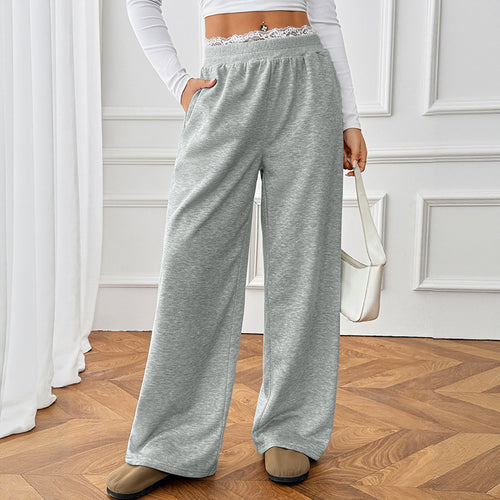 Gray wide-leg lace-trim sweatpants with elastic waistband
