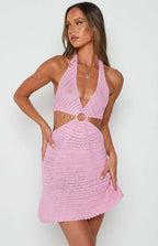 V-Neck Halter Sleeveless Hollow Out Cutout Knitted Backless Dress