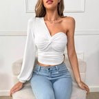 Women's Unique T Shirt Irregular Asymmetric Niche Unilateral Long