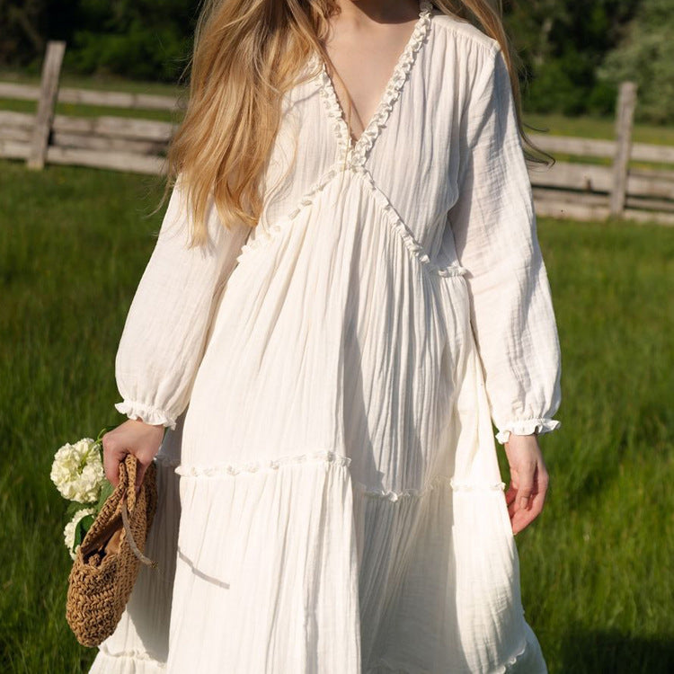 Cotton Champray V Neck Long Sleeve Dress