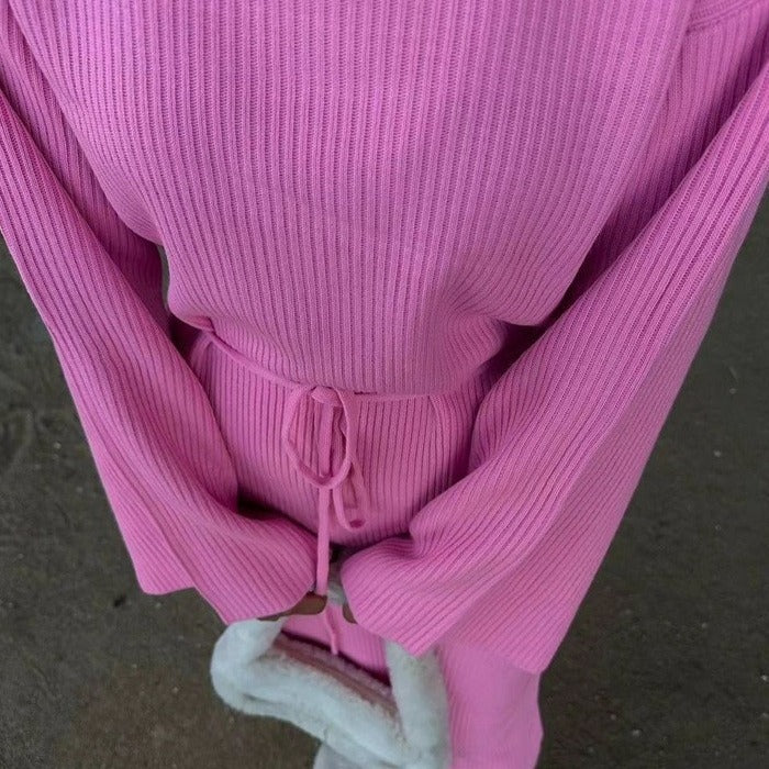 Belted Ribbed Long-Sleeve Knit Maxi Dress