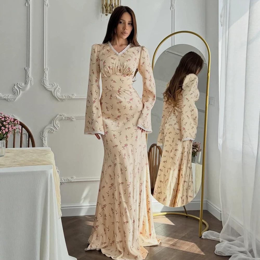 Women's Floral Satin Fishtail Maxi Dress
