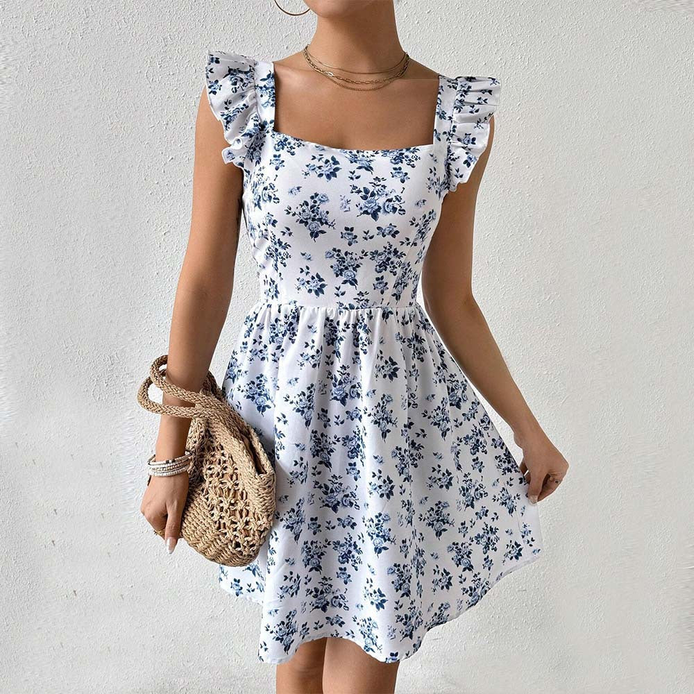 Women's Spring Summer Sweet Slim Fit Design Bare Back Lace Up Flying Sleeve Floral Dress