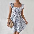 Women's Spring Summer Sweet Slim Fit Design Bare Back Lace Up Flying Sleeve Floral Dress