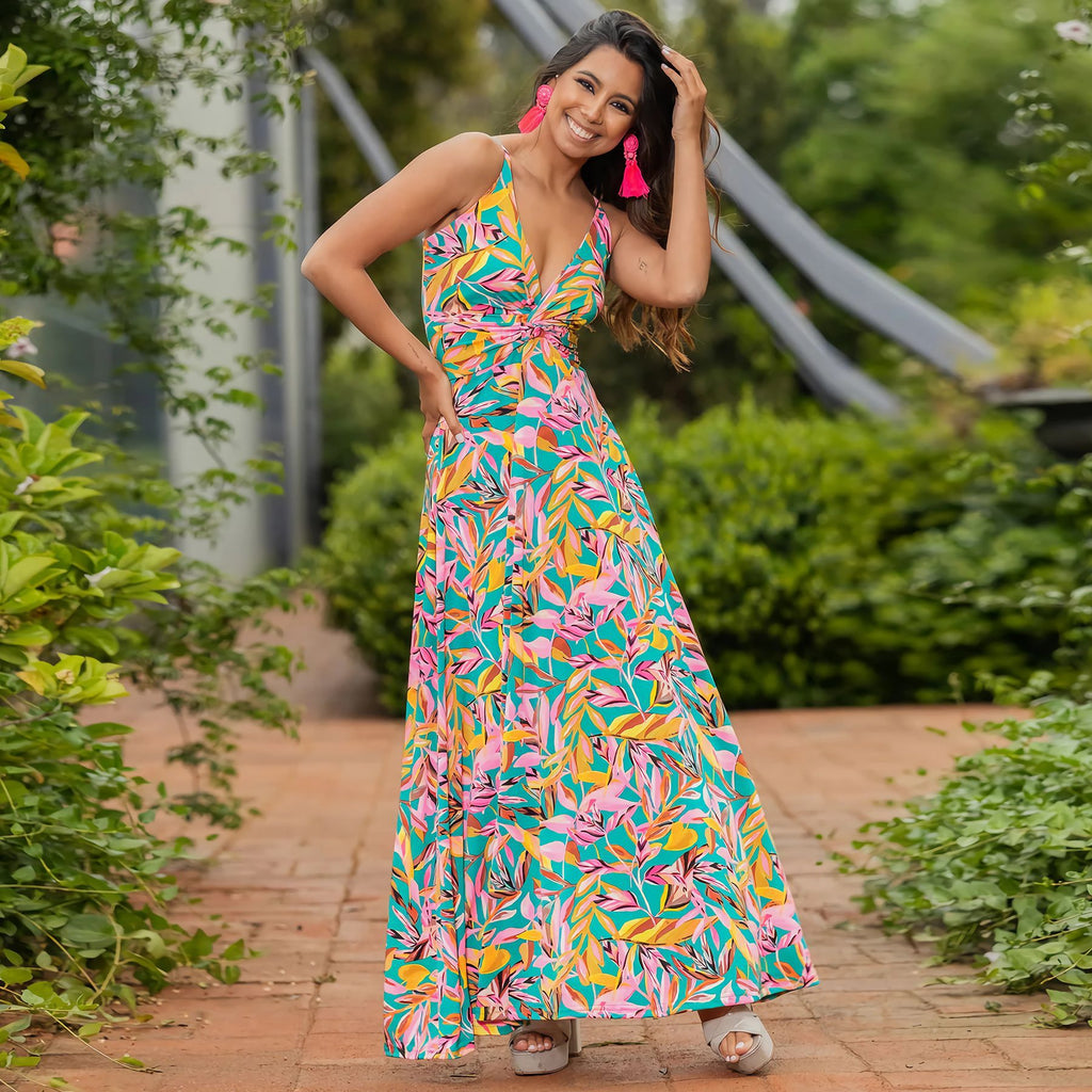 V Neck Floral Print Maxi Dress
