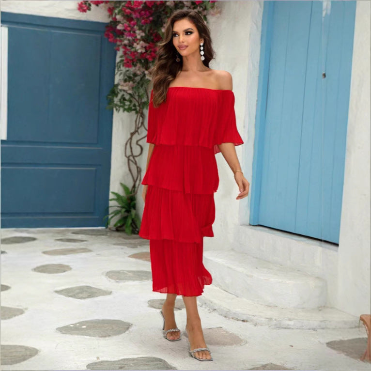 Elegant Boat Neck Pleated Ruffled Dress Maxi Dress
