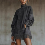 Women's Suede Tassel Long Sleeve Dress