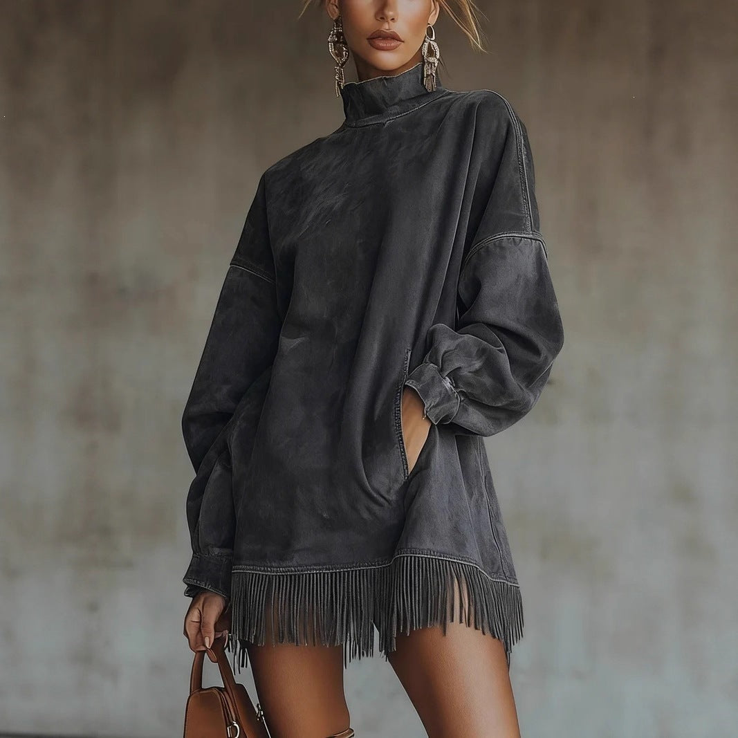 Women's Suede Tassel Long Sleeve Dress