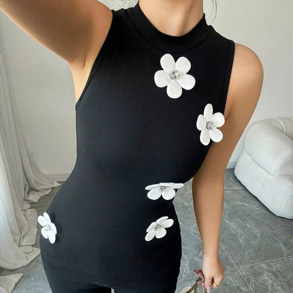 Floral Rhinestone High-Neck Tank Top