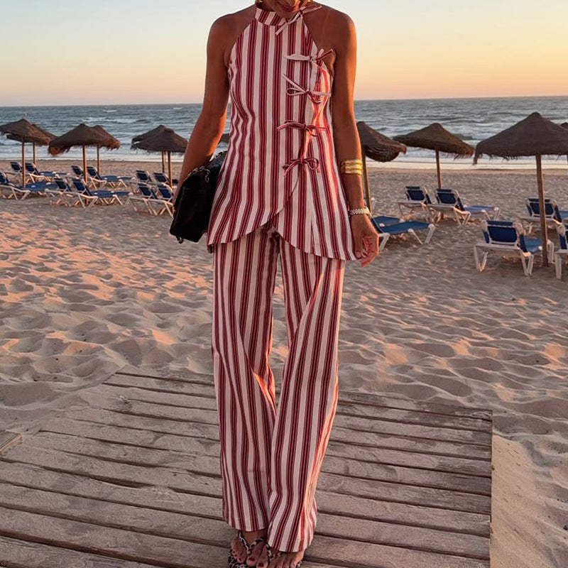 Vacation Striped Women Summer Halter Sleeveless Bow Lace up Trousers Casual Two Piece Set