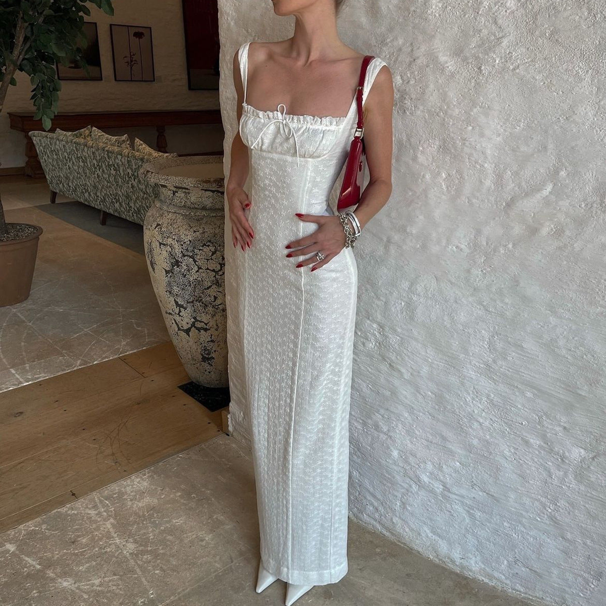 Embroidered Square Neck Slit Maxi Dress