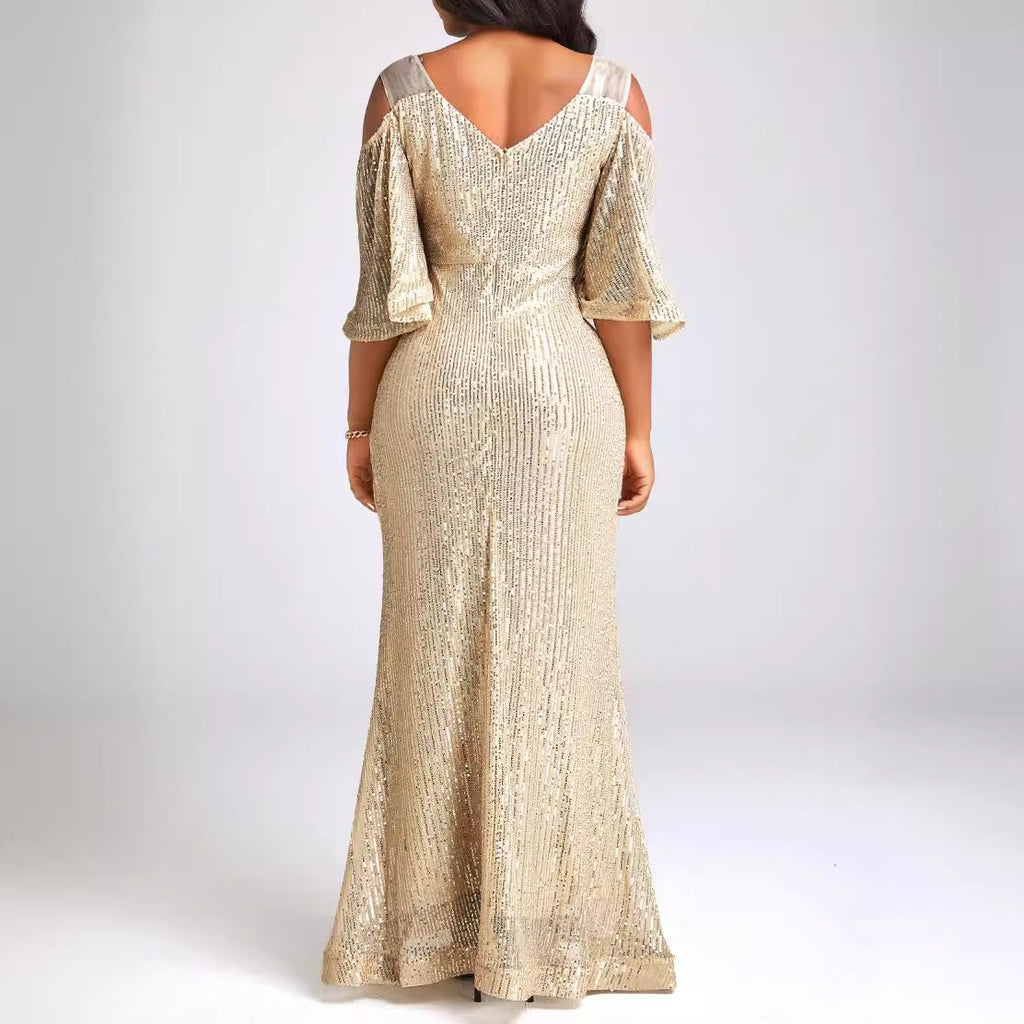 Women's Gold Sequin Off-Shoulder Fishtail Maxi Dress