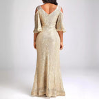 Women's Gold Sequin Off-Shoulder Fishtail Maxi Dress