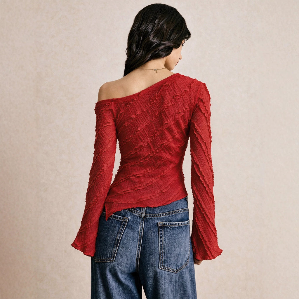 Women's Arrival Oblique Shoulder Texture T Shirt Irregular Asymmetric Hem Metal Buckle Horn Long Sleeve Top