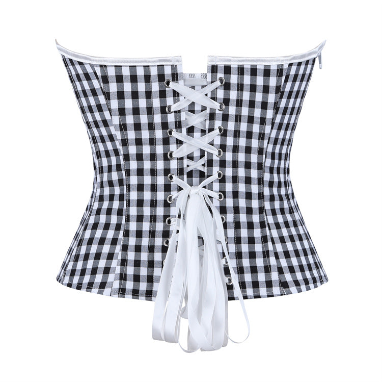 Retro Black White Lattice Pattern Tube Top Body Shaping Waist Slimming outside Wear Inner Wear Strapless Top Side Zipper Belt
