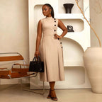 Stand-Collar Sleeveless Asymmetric Bodycon Maxi Dress