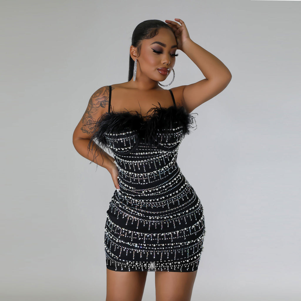 Women's Rhinestone Feather Spaghetti Strap Party Dress