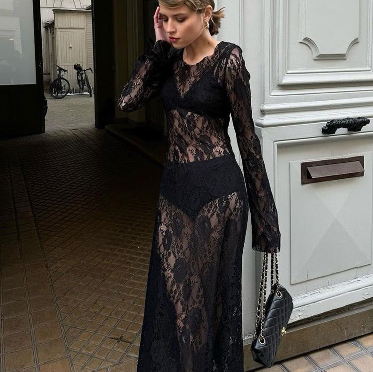 Black Sheer Lace Long Sleeve Maxi Dress