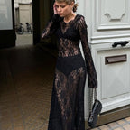 Black Sheer Lace Long Sleeve Maxi Dress