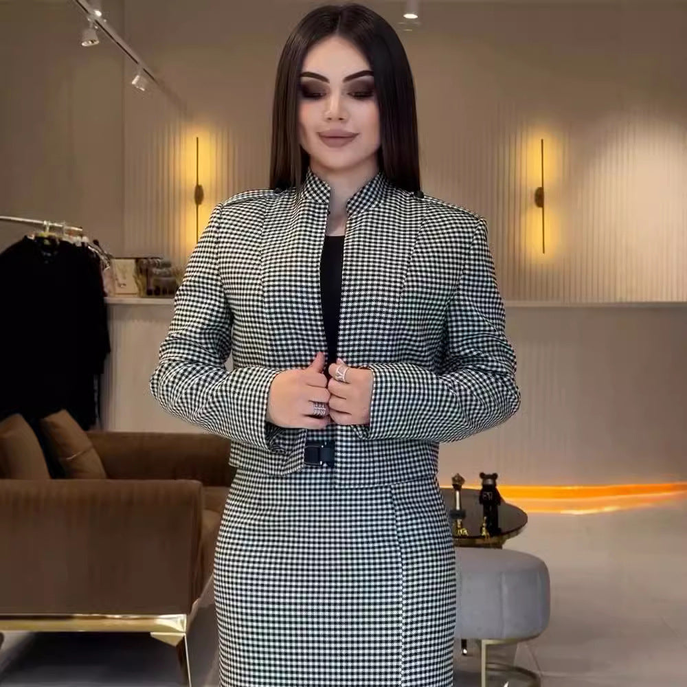 Autumn Positioning Plaid Office Long Sleeve Hip Skirt Two Piece Sets