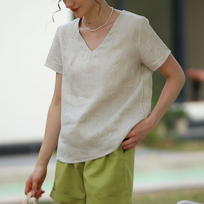 Women's Pure Linen V Neck Short Sleeve T Shirt Top Spring Summer French Casual Cotton Linen Basic All Matching Slimming T Shirt For Women