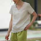 Women's Pure Linen V Neck Short Sleeve T Shirt Top Spring Summer French Casual Cotton Linen Basic All Matching Slimming T Shirt For Women