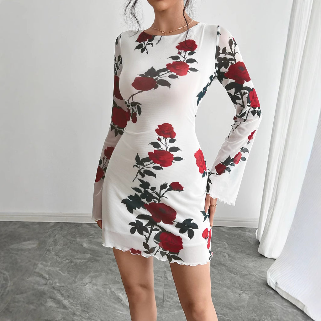 Floral Backless Gauzy Bell-Sleeve Mini Dress