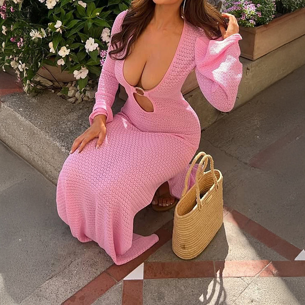 Women's Deep-V Cutout Long-Sleeve Maxi Dress