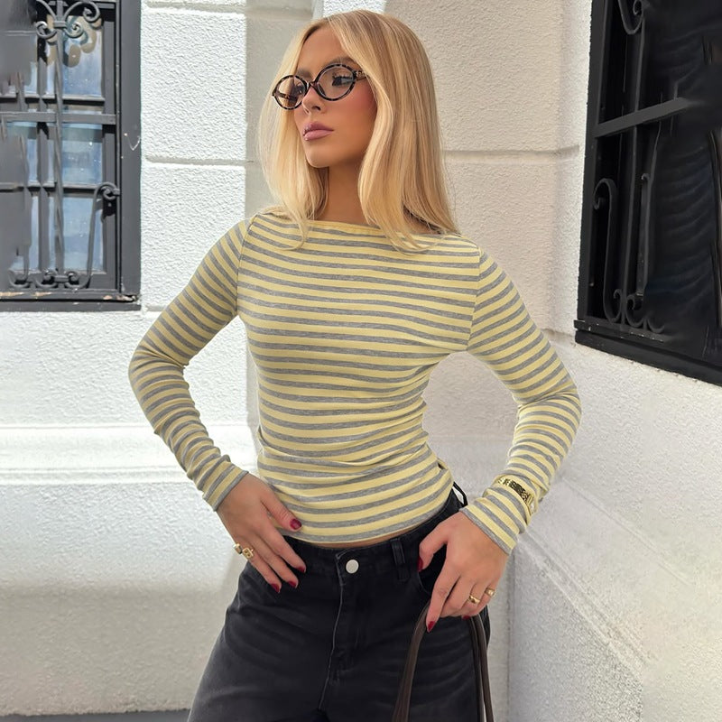 Women's Women Spring Personality Round Neck Long Sleeve Striped Slim Top T Shirt