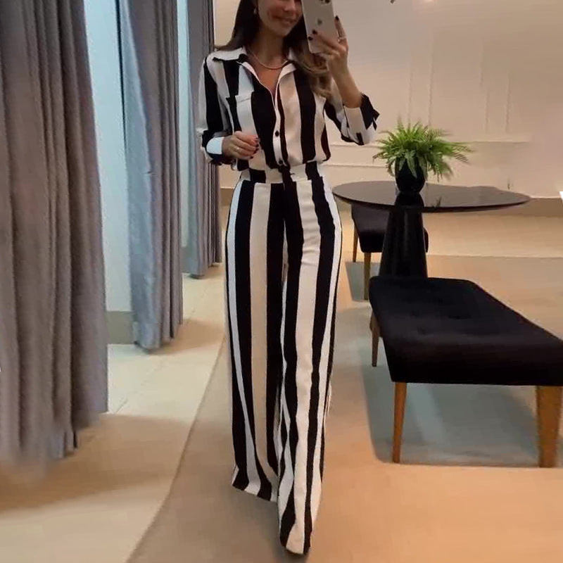 Casual Black White Striped Button Pocket Design Shirt Wide Leg Pants Two